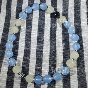 Hand Crafted Blue and Cream Beaded Anklet with Silver Accents